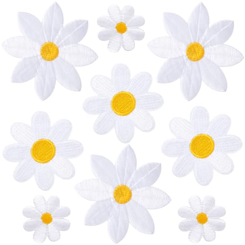 HINZIC 9 Stück Blumen zum Aufbügeln, weiße Gänseblümchen, bestickte Applikationen, 3 Größen, niedliche Aufnäher zum Aufnähen für Jacken, Jeans, Taschen, Kleidung von HINZIC