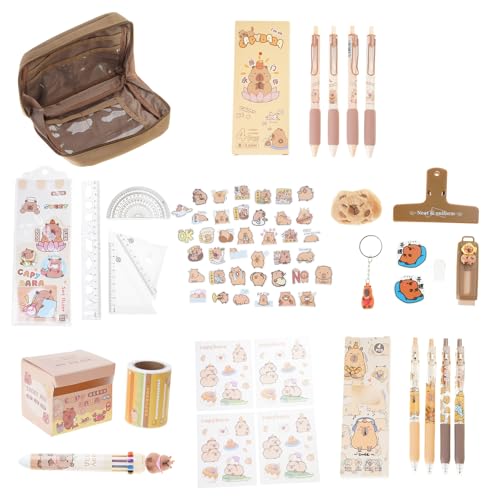 21 Stück Schreibwaren für Schüler und Schule, mit großem Federmäppchen, Radiergummi, Lineal, Clip, Schlüsselanhänger, Haftnotizen, Aufkleber, große Kapazität, Capybara-Organizer von HIOPOIUYT