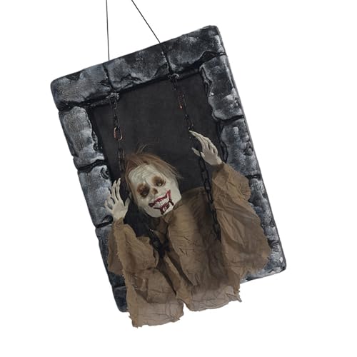 HIOPOIUYT Bewegungsaktivierter hängender geisterhafter Grabstein, leuchtende Augen, schütteln Körper und unheimliche Geräusche für Outdoor-Horror-Dekorationen, leuchtendes Skelett, Grabstein-Ornament von HIOPOIUYT