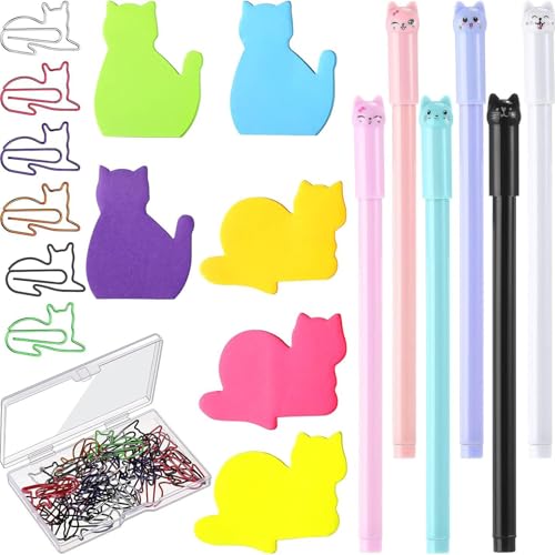 Schreibwaren-Set mit Katzenmotiv und 6 farbigen Haftnotizen, Papier, 30 Metall-Büroklammern, 6 Gel-Stiften für Kinder, Jungen, Mädchen, Studenten von HIOPOIUYT