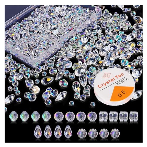 HIOQFR 600pcs Facettierte Glasperlen zum Auffädeln Perlen Glas Facettiert Perlen zum Auffädeln Kristall Perlen Beads Armband mit Kunststoff-Box Stretch-Linie 4mm,6mm,8mm Glitzerperlen Armbänder,Kette von HIOQFR
