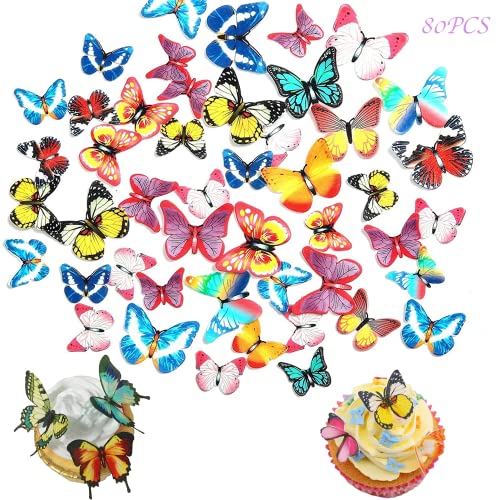 80Pcs Essbare Schmetterlings Kuchen-Deckel,Oblatenpapier-Schmetterlings,Essbare Blumen Cupcake Topper,Tortendeko geburtstagstorte dekorationGeburtstag (A-Schmetterling) von HIQE-FL