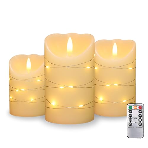 HIQE-FL Flammenlose LED Kerzen, warmweiß, mit eingebetteten LED Lichterketten, LED-Kerzen, 3er Set mit 11 Tasten Fernbedienung und Timer-Funktion (weiß) von HIQE-FL