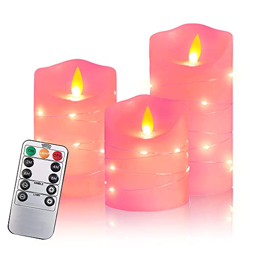 HIQE-FL Flammenlose LED Kerzen,Tanzende Flamme, mit eingebetteten LED Lichterketten, LED-Kerzen, 3er Set mit 11 Tasten Fernbedienung und Timer-Funktion (Rosa) von HIQE-FL