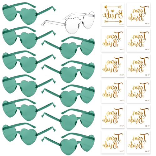 HIQE-FL Herz Sonnenbrille,12 Stück Herz Sonnenbrille Damen,Hippie Herzförmige Brille,Hippie Gläser,mit Tattoo Aufkleber,Randlose Herz Brille,für Geburtstagsfeiern, Hochzeiten, Außenaufnahmen von HIQE-FL