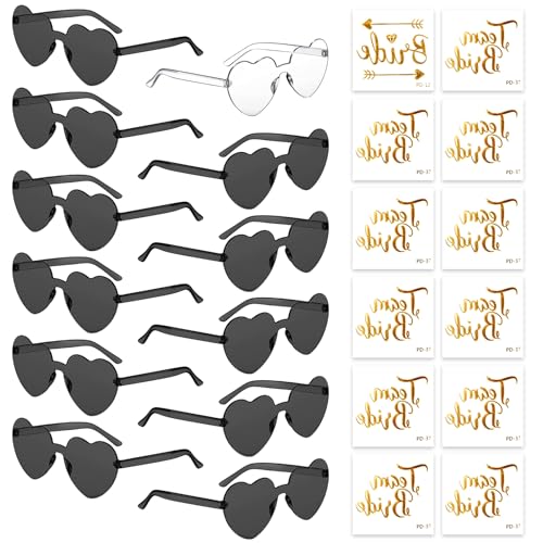 HIQE-FL Herz Sonnenbrille,12 Stück Herz Sonnenbrille Damen,Hippie Herzförmige Brille,Hippie Gläser,mit Tattoo Aufkleber,Randlose Herz Brille,für Geburtstagsfeiern, Hochzeiten, Außenaufnahmen von HIQE-FL