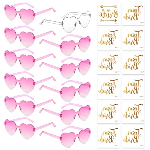 HIQE-FL Herz Sonnenbrille,12 Stück Herz Sonnenbrille Damen,Hippie Herzförmige Brille,Hippie Gläser,mit Tattoo Aufkleber,Randlose Herz Brille,für Geburtstagsfeiern, Hochzeiten, Außenaufnahmen von HIQE-FL