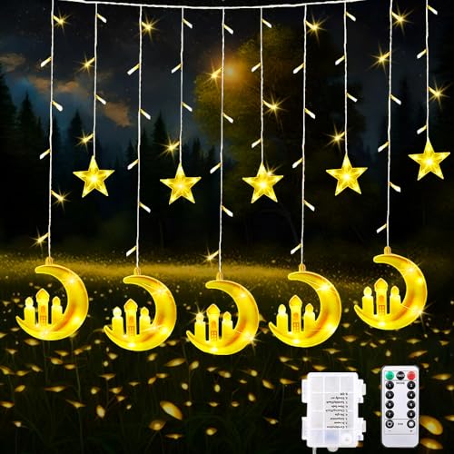 HIQE-FL Ramadan Lichterkette, 3.3M Star Moon Vorhang Dekorative LED-Lichter, 8 Blinkende Modi, Batterie & USB Betrieben, Mond Sterne Lichterkette, Eid Mubarak Licht (B) von HIQE-FL