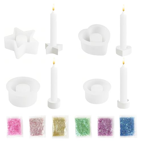 HIQE-FL Silikonform Kerzenhalter,4 Stück Harz Epoxid Stabkerzenhalter Silikonform,6 Packungen Farbe,Gießform Kerzenhalter,für DIY Kerzenständer,Halloween,Weihnachten,Party,Handwerk Hausdekorationen von HIQE-FL