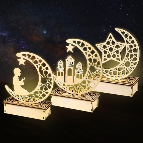 Holz Eid Tischdekoration,Ramadan Mond Nachtlicht für Zuhause,Mubarak Ramadan LED DIY Lampen,Holz Eid Mubarak Tischdekoration,Ramadan Holz Lichter Dekoation(3Pcs) von HIQE-FL