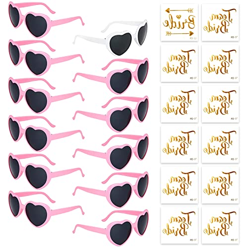 Partybrille Herz Sonnenbrille,12 Bride to Be Herz Sonnenbrille und 12 Team Bride Tattoo Aufkleber,Party Sonnenbrille Team Bride,Hippie Herzförmige Brille,JGA Partybrillen und JGA Deko Accessoires von HIQE-FL