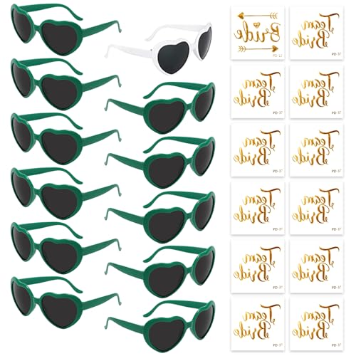Partybrille Herz Sonnenbrille,12 Bride to Be Herz Sonnenbrille und 12 Team Bride Tattoo Aufkleber,Party Sonnenbrille Team Bride,Hippie Herzförmige Brille,JGA Partybrillen und JGA Deko Accessoires von HIQE-FL