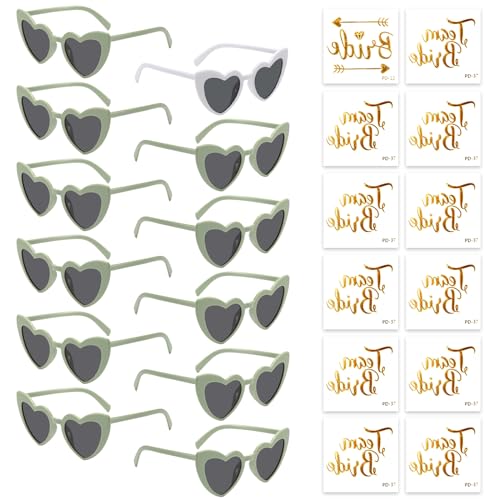 Partybrille Herz Sonnenbrille,12 Bride to Be Herz Sonnenbrille und 12 Team Bride Tattoo Aufkleber,Party Sonnenbrille Team Bride,Hippie Herzförmige Brille,JGA Partybrillen und JGA Deko Accessoires von HIQE-FL