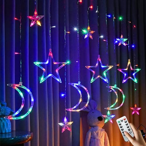 Sterne Vorhang Lichter,3.5M LichtLichterkette Sternenvorhang,8 Modi Für Innen,LED Mond Sterne Weihnachten Lichterkette,LED Lichterketten Stern Mond,Weihnachten,Ramadan,Partydekoration (D) von HIQE-FL