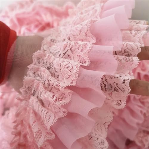 HIQIU 100CM Rosa Chiffon Rüsche Spitze Trim 3 Schicht Plissiert Band Spitzenborte DIY Kleidungsborte Nähen Handwerk 3.94''Breite von HIQIU