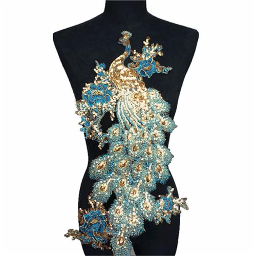 HIQIU Pailletten Feder Pfau aufnäher Stickerei Applikation Näheisen Auf Aufnäher Schimmernde Tüllaufnäher DIY zum aufnähen kleid Dekor (Blau) von HIQIU