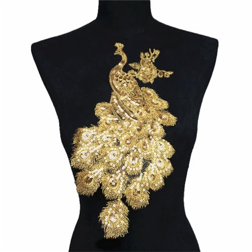 HIQIU Pailletten Feder Pfau Stickerei Spitze Applikation Näheisen Auf Aufnäher Schimmernde Tüllaufnäher DIY Nähkleid Appliques Dekor (Gold) von HIQIU