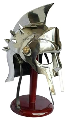Mittelalterlicher Gladiator Maximus Helm 18 Gauge Stahl Rollenspiel Helm Wikinger Silber Gladiator Helm mit Holzständer von HISTORIC HANDICRAFT