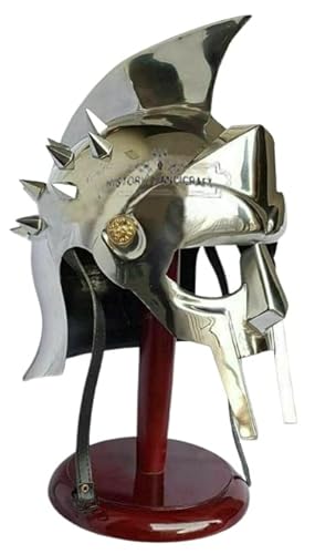 Mittelalterlicher Gladiator Maximus Helm 18 Gauge Stahl Rollenspiel Helm Wikinger Silber Gladiator Helm mit Holzständer von HISTORIC HANDICRAFT