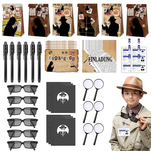 Detektiv Set Kinder, 48 STK Detektiv Kindergeburtstag Mitgebsel mit UV Stift Lupen Notizbuch,Detektivausweis,Fingerabdruck Set,Detektiv Spielzeug Pinata Füllung Give Away Gastgeschenk Jungen Mädchen von HIULLEN