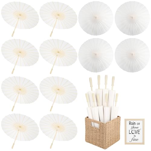 24 Stück Papierschirme für Hochzeiten 23,6 Zoll Weiß Papier Sonnenschirme für Gäste mit gewebtem Aufbewahrungskorb und Fotorahmen für Hochzeitstag Partys Brautduschen Party (12, 33 Zoll) von HIYZI