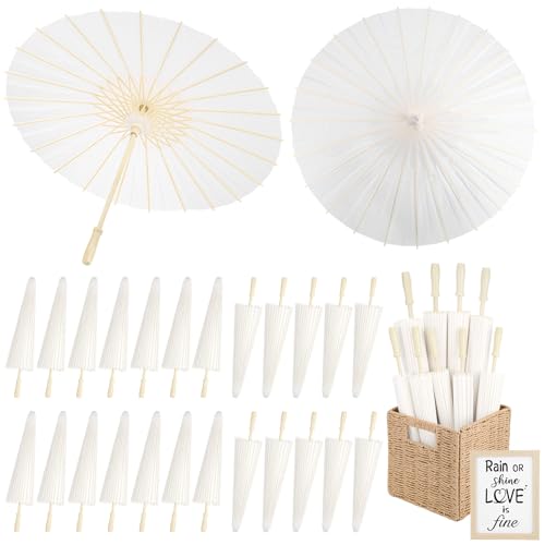 24 Stück Papierschirme für Hochzeiten 23,6 Zoll Weiß Papier Sonnenschirme für Gäste mit gewebtem Aufbewahrungskorb und Fotorahmen für Hochzeitstag Partys Brautduschen Party (24, 23,6 Zoll) von HIYZI