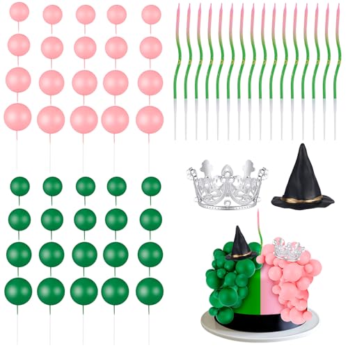 54 Stück Hexenkuchen-Cupcake-Topper, grüne und rosa Kugeln, Kuchendekoration, silberne Krone, rosa-grüner Farbverlauf, Kerze und Hexenhut für Geburtstag, Babyparty, Junggesellinnenabschied von HIYZI