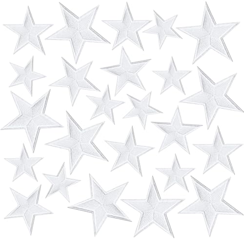 24 Stück weiße Stern-Aufnäher zum Aufbügeln, 3 Größen, bestickte Applikation, zum Aufbügeln oder Aufnähen, für Kleidung, Rucksäcke, Jeans, Jacken, T-Shirts, Hüte, DIY, Nähen, Basteln, Dekoration von HIZEMLK