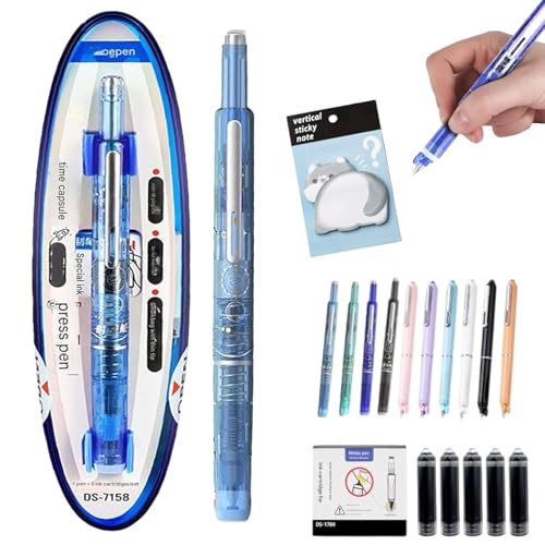 Druckfüller, nachfüllbarer Füllfederhalter, 0,38 mm, blau-schwarze Tinte, transparenter Schaft, inklusive 5 nachfüllbaren Tintenpatronens (löschbare Tinte blau,E) von HItianya