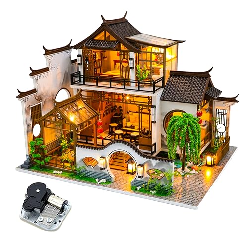 Chinesischer Stil Innenhof Villa DIY Puppenhaus Spieluhr Kit, montiertes Spielzeug Miniaturhaus Modell mit Funiture Led Lichter Geburtstag Neujahr Weihnachten Geschenk von HJBHDOLL