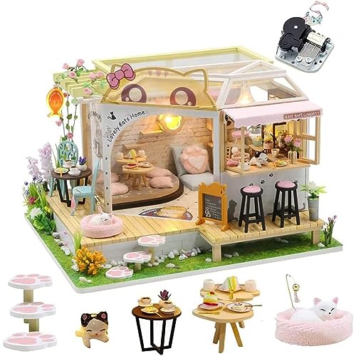 DIY Cat Cafe Miniatur Puppenhaus Kit mit LED-Licht, 1:24 Maßstab handgemachte Katze Kaffee Garten Puppenhaus, kreative Geburtstagsgeschenk für Teenager Kind (Puppenhaus mit Spieluhr) von HJBHDOLL