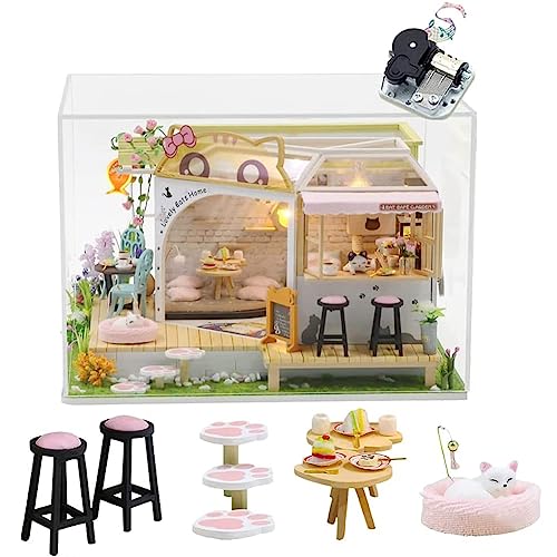 DIY Cat Cafe Miniatur Puppenhaus Kit mit LED-Licht, 1:24 Maßstab handgemachte Katze Kaffee Garten Puppenhaus, kreative Geburtstagsgeschenk für Teenager Kind (mit Spieluhr und Kanaldeckel) von HJBHDOLL