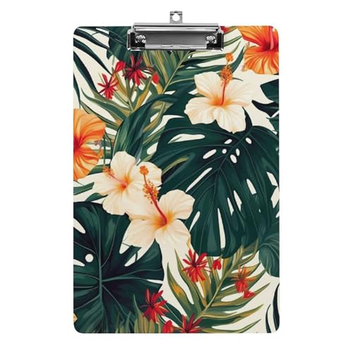 Hawaiianische Blumen-Palmenblätter, Acryl-Klemmbretter mit flachem Profil, zum Aufhängen, personalisierte Klemmbretter, entworfen für Büro und Feld, Standard-A4, Briefgröße 21,6 x 31,8 cm von HJKBCV