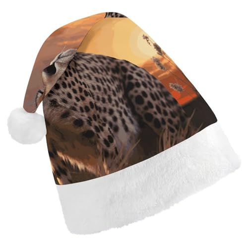 Weihnachtsmütze für Männer und Frauen, Plüsch-Weihnachtsmütze, Gepard, Blick über die Savanne mit Sonnenuntergang, Weihnachtsmannmützen für Party, Urlaub Weihnachtsmütze für Männer und Frauen, Plüsch-Weihnachtsmütze, Gepard, Blick über die Savanne mit Sonnenuntergang, Weihnachtsmannmützen für Party, Urlaub von HJKBCV