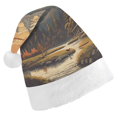 Weihnachtsmütze für Männer und Frauen, Plüsch-Weihnachtsmütze, Sonne, Berg, malerischer Bach, Weihnachtsmannmützen für Party, Urlaub Weihnachtsmütze für Männer und Frauen, Plüsch-Weihnachtsmütze, Sonne, Berg, malerischer Bach, Weihnachtsmannmützen für Party, Urlaub von HJKBCV