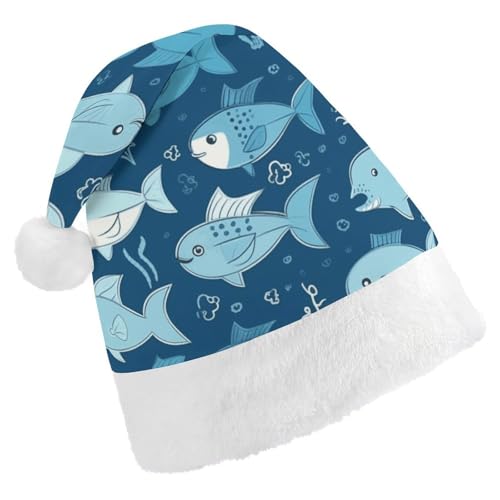 Weihnachtsmütze für Männer und Frauen, Plüsch-Weihnachtsmütze, niedlicher blauer Fisch, Weihnachtsmannmützen für Party, Urlaub Weihnachtsmütze für Männer und Frauen, Plüsch-Weihnachtsmütze, niedlicher blauer Fisch, Weihnachtsmannmützen für Party, Urlaub von HJKBCV