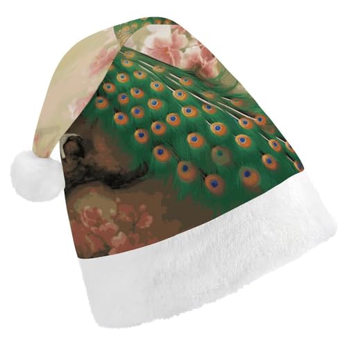 Weihnachtsmütze für Männer und Frauen, Plüsch-Weihnachtsmütze, orientalischer Pfau auf Blumenbaum, Weihnachtsmannmützen für Party, Urlaub Weihnachtsmütze für Männer und Frauen, Plüsch-Weihnachtsmütze, orientalischer Pfau auf Blumenbaum, Weihnachtsmannmützen für Party, Urlaub von HJKBCV