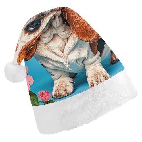 Weihnachtsmütze für Männer und Frauen, Plüsch-Weihnachtsmütze, süßer Basset Hound Blumen, Weihnachtsmannmützen für Party, Urlaub Weihnachtsmütze für Männer und Frauen, Plüsch-Weihnachtsmütze, süßer Basset Hound Blumen, Weihnachtsmannmützen für Party, Urlaub von HJKBCV