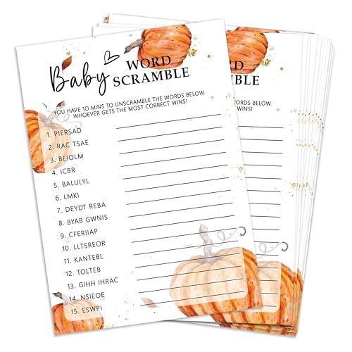 HJLLOQR Herbst-Babyparty-Spiele, 25 Stück, Baby-Wort-Scramble-Karten für Gäste, kleiner Kürbis, Dekoration für Partygeschenke – A07 von HJLLOQR