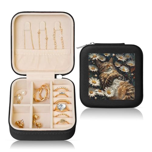 HJLUUFT Premium-Reise-Schmuckschatulle mit Gänseblümchen und niedlichen Katzen, langlebiges Reise-Schmuckkästchen und Verlobungsring-Box HJLUUFT Premium-Reise-Schmuckschatulle mit Gänseblümchen und niedlichen Katzen, langlebiges Reise-Schmuckkästchen und Verlobungsring-Box von HJLUUFT