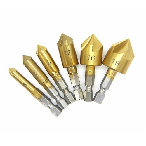 3/6-teiliges Senker-Bohrer-Set, 1/4 Zoll Sechskantschaft, HSS, 5 Flöten, Senker, 90 Grad, Holz-Anfasschneider, 6 mm-19 mm, Holzbohren(6PCS 6-19mm) von HJQFVASQ