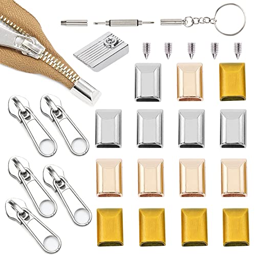 HJYZY 61 Stück Rectangle tail buckles Metal Zipper Stopper Rectangle Style Zipper Tail Clip mit Schraubenzieher Silber-Reißverschluss Ersatz Reißverschluss Reparatur Set Silber/Gold/Bronze von HJYZY