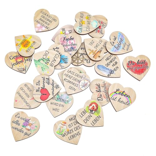 HJZHII 24 Stück Holz Glücksbringer Set,Glückswürmchen Sprüche Glückskäfer Glücksbringer Holz,Hölzern Glückstaler Viel Glück In Herz Form Geburtstag Mutmacher Holztaler Geschenk Motivationsgeschenk von HJZHII