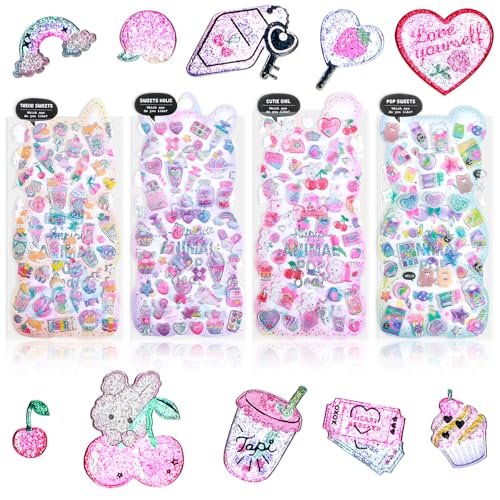HJZHII 4 Blätter 3D Aufkleber für Kinder,3D Sticker Puffy Aufkleber für Mädchen,Geschwollene Stickers Glitzer Aufkleber Niedlich Kinderaufkleber Tiere Eiscreme Süßigkeiten Kawaii für Scrapbooking Y2K von HJZHII