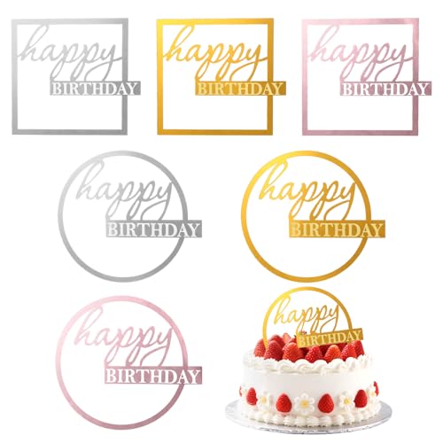 HJZHII 6 Stück Happy Birthday Tortendeko, 2 Stile Spiegel Acryl Geburtstag Kuchen Deko Cake Topper Kuchendeko Cupcake Topper Torten Zubehör(Gold, Silber, Roségold) von HJZHII