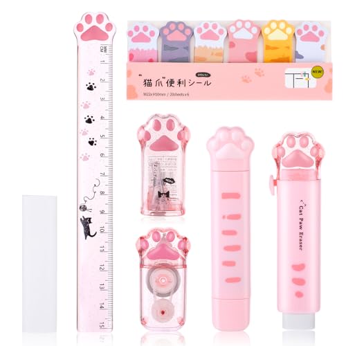 HJZHII 7 teiliges Schreibwaren Set mit niedlichen Katzenpfoten, Cartoon Kawaii Einziehbarer Bleistiftspitzer Korrekturband Radiergummi Haftnotizen Lineal Mini-Schere und Allzweckschneider (Rosa) von HJZHII