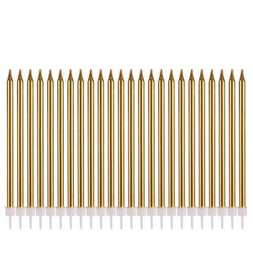 Metallische Happy Birthday-Kerzen, hohe Geburtstagskuchenhalter, lang, dünn, Cupcake-Kerzen, Topper für Hochzeit, Party, Dekoration (24 Stück, Metallic-Gold) von HJZWTS