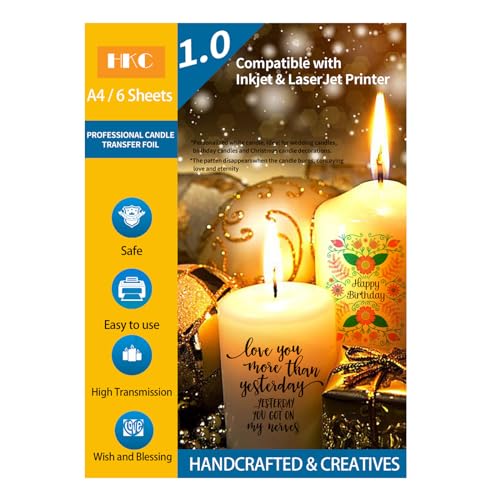 HKC Wasserschiebefolie für Kerzen, Kerzentattoos Druckbar, Kerzentransferfolie für Laserdrucker/Tintenstrahldrucker, Kerzen transferfolie für Weihnachten, Hochzeit, Feiertagsdekoration, A4X6 Sets HKC Wasserschiebefolie für Kerzen, Kerzentattoos Druckbar, Kerzentransferfolie für Laserdrucker/Tintenstrahldrucker, Kerzen transferfolie für Weihnachten, Hochzeit, Feiertagsdekoration, A4X6 Sets von HKC