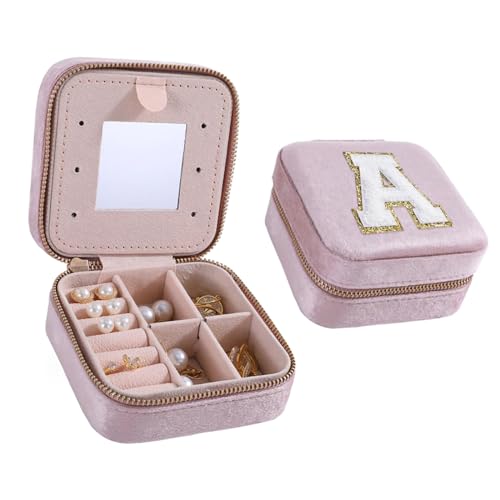 HKDSGF Trendiges Reise-Schmuckkästchen, personalisierbar, Rosa, Reise-Schmuckschatulle, Geburtstagsgeschenke für Frauen, Teenager, Mädchen, Initialenschmuck von HKDSGF