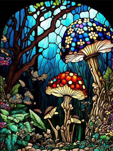 HKFLD 5D Diamond Painting Adult Stained Glass Mushroom Diamond Painting Pictures Kit for Adults DIY Crystal Rhinestone Embroidery Painting Diamond Painting Kit for Home Office Wall Decoration40*50cm von HKFLD